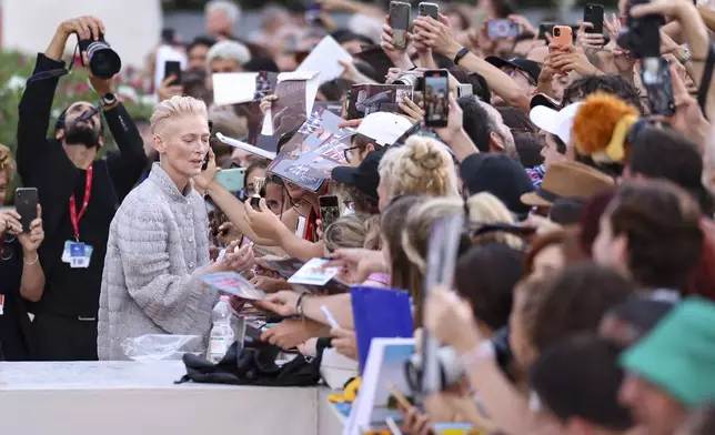 Tilda Swinton upon arrival for the premiere of the film 'The Room Next Door' during the 81st edition of the Venice Film Festival in Venice, Italy, on Monday, Sept. 2, 2024. (Photo by Vianney Le Caer/Invision/AP)