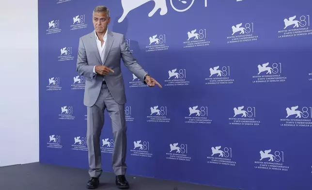 George Clooney poses for photographers at the photo call for the film 'Wolfs' during the 81st edition of the Venice Film Festival in Venice, Italy, on Sunday, Sept. 1, 2024. (Photo by Joel C Ryan/Invision/AP)