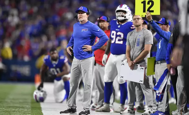 Buffalo Bills head coach Sean McDermott watches from the sideline during the second half of an NFL football game against the Jacksonville Jaguars, Monday, Sept. 23, 2024, in Orchard Park, NY. (AP Photo/Adrian Kraus)