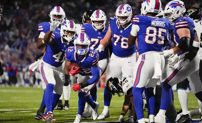 Buffalo Bills running back Ray Davis (22) scores a rushing touchdown against the Jacksonville Jaguars during the second half of an NFL football game Monday, Sept. 23, 2024, in Orchard Park, NY. (AP Photo/Steven Senne)