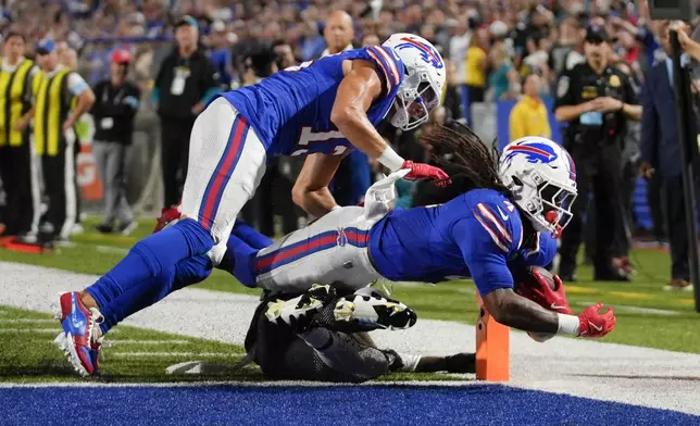 Buffalo Bills running back James Cook (4) lunges into the end zone to score a touchdown during the first half of an NFL football game against the Jacksonville Jaguars, Monday, Sept. 23, 2024, in Orchard Park, NY. (AP Photo/Steven Senne)