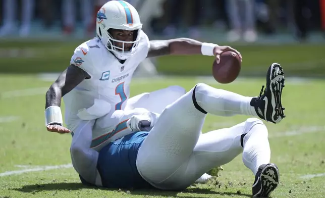 Jacksonville Jaguars defensive end Arik Armstead sacks Miami Dolphins quarterback Tua Tagovailoa (1) during the second half of an NFL football game, Sunday, Sept. 8, 2024, in Miami Gardens, Fla. (AP Photo/Wilfredo Lee)