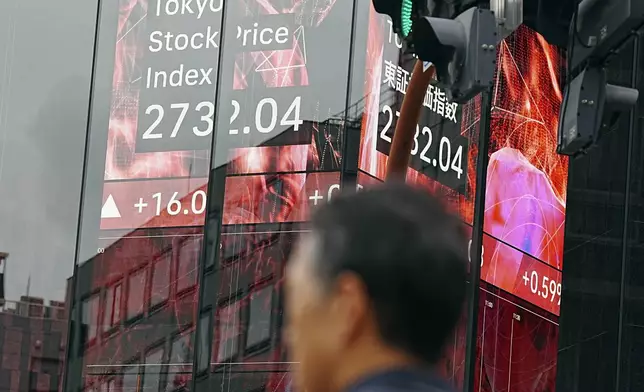 A person stands an electronic stock board showing Japan's Tokyo Stock Price index at a securities firm Tuesday, Sept. 3, 2024, in Tokyo. (AP Photo/Eugene Hoshiko)