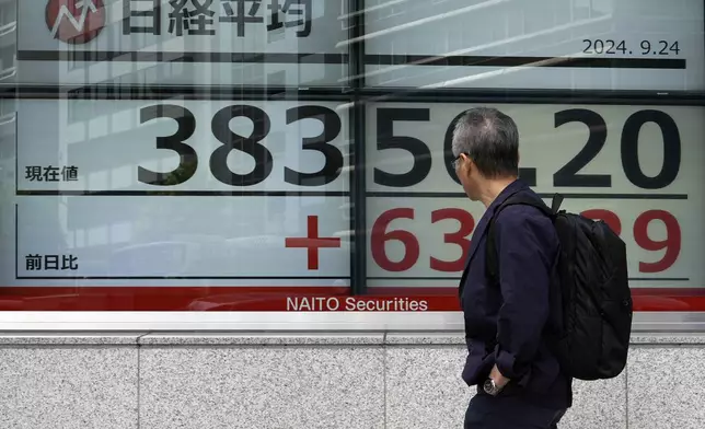 A person looks at an electronic stock board showing Japan's Nikkei index at a securities firm Tuesday, Sept. 24, 2024, in Tokyo. (AP Photo/Eugene Hoshiko)