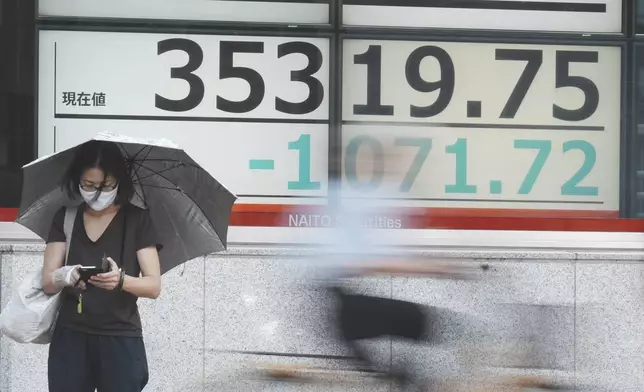 A person stands in front of an electronic stock board showing Japan's Nikkei index at a securities firm Monday, Sept. 9, 2024, in Tokyo. (AP Photo/Eugene Hoshiko)