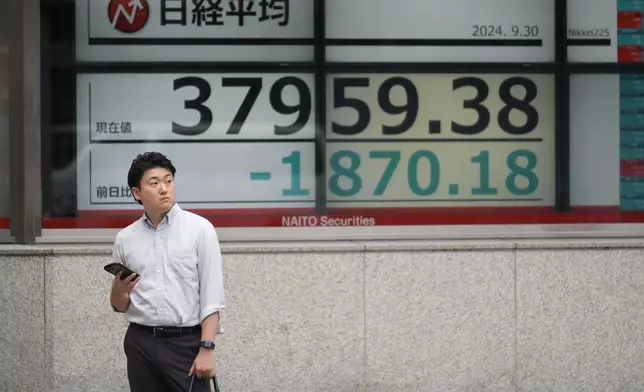 A man stands by monitors showing Japan's Nikkei 225 index at a securities firm as he waits at a traffic intersection in Tokyo, Monday, Sept. 30, 2024. (AP Photo/Hiro Komae)