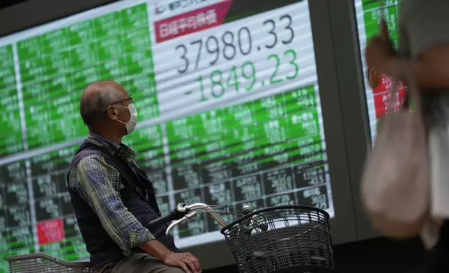 A man looks at monitors showing Japan's Nikkei 225 index at a securities firm in Tokyo, Monday, Sept. 30, 2024. (AP Photo/Hiro Komae)