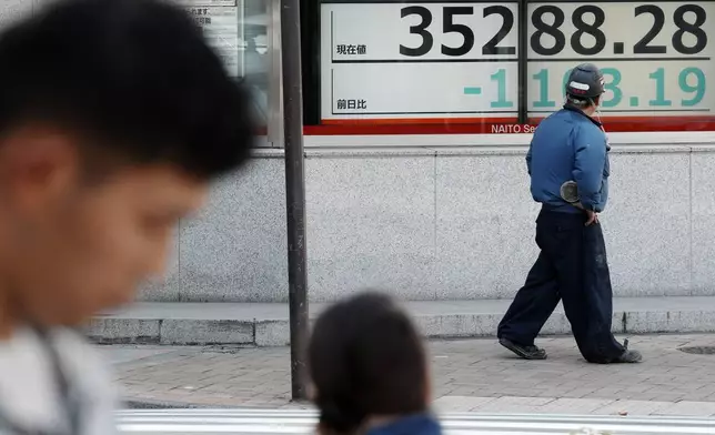 A person looks at an electronic stock board showing Japan's Nikkei index at a securities firm Monday, Sept. 9, 2024, in Tokyo. (AP Photo/Eugene Hoshiko)