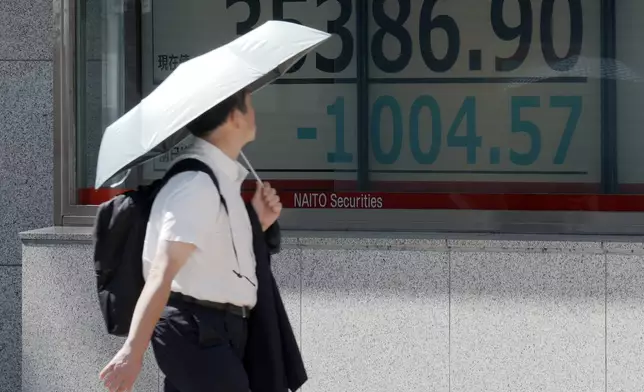 A person looks at an electronic stock board showing Japan's Nikkei index at a securities firm Monday, Sept. 9, 2024, in Tokyo. (AP Photo/Eugene Hoshiko)