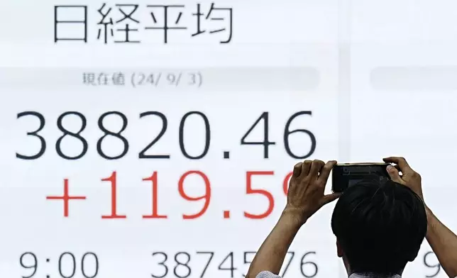 A person photographs an electronic stock board showing Japan's Nikkei index at a securities firm Tuesday, Sept. 3, 2024, in Tokyo. (AP Photo/Eugene Hoshiko)