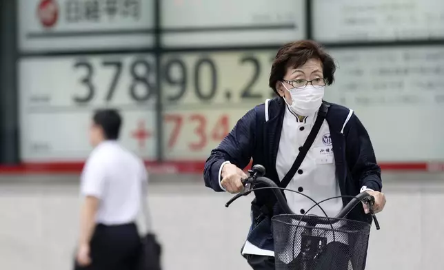 A person rides a bicycle in front of an electronic stock board showing Japan's Nikkei index at a securities firm Friday, Sept. 20, 2024, in Tokyo. (AP Photo/Eugene Hoshiko)