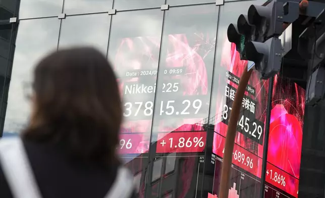 A person stands in front of an electronic stock board showing Japan's Nikkei index at a securities firm Friday, Sept. 20, 2024, in Tokyo. (AP Photo/Eugene Hoshiko)