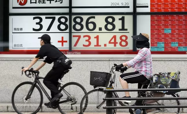 People ride bicycles in front of an electronic stock board showing Japan's Nikkei index at a securities firm Friday, Sept. 20, 2024, in Tokyo. (AP Photo/Eugene Hoshiko)