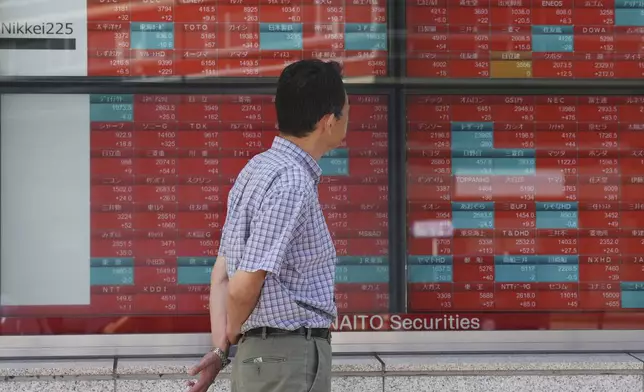 A person looks at an electronic stock board showing Japan's Nikkei index at a securities firm Thursday, Sept. 26, 2024, in Tokyo. (AP Photo/Eugene Hoshiko)