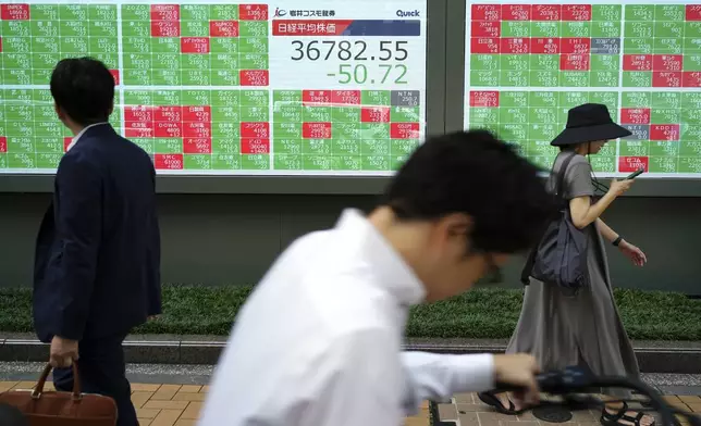 People walk in front of an electronic stock board showing Japan's Nikkei index at a securities firm Friday, Sept. 13, 2024, in Tokyo. (AP Photo/Eugene Hoshiko)