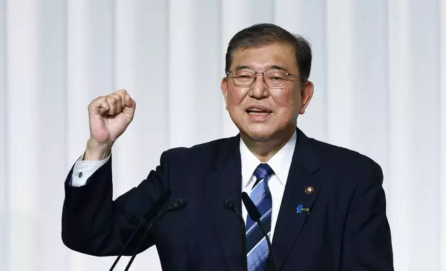 Shigeru Ishiba, the newly elected leader of Japan's ruling party, the Liberal Democratic Party (LDP) gestures during a press conference after the LDP leadership election, in Tokyo, Friday, Sept 27, 2024. (Kim Kyung/Pool Photo via AP)