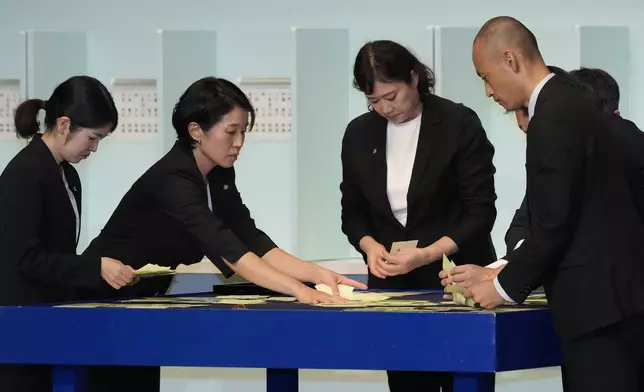 Officials count ballots during the Liberal Democratic Party's (LDP) leadership election at the LDP headquarters Friday, Sept. 27, 2024, in Tokyo. (AP Photo/Hiro Komae, Pool)