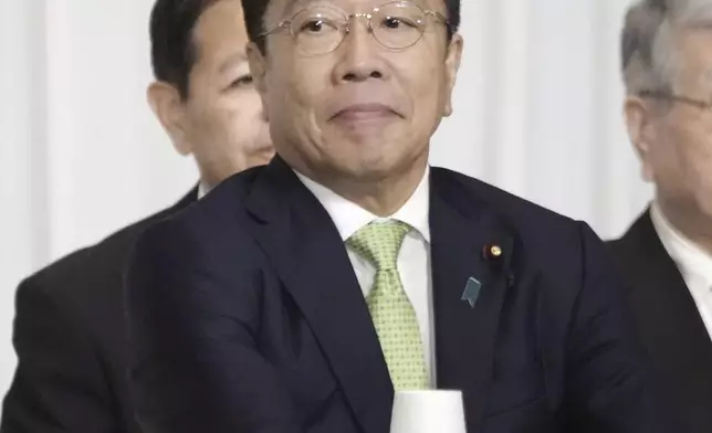 Former Chief Cabinet Secretary Katsunobu Kato, a candidate for the ruling Liberal Democratic Party's presidential election, attends a joint speech session with other candidates, at the party's headquarters in Tokyo, Japan Thursday, Sept. 12, 2024.(Kyodo News via AP)