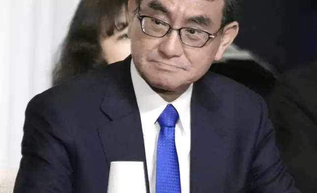 Digital Minister Taro Kono, a candidate for the ruling Liberal Democratic Party's presidential election, attends a joint speech session with other candidates, at the party's headquarters in Tokyo, Japan Thursday, Sept. 12, 2024.(Kyodo News via AP)