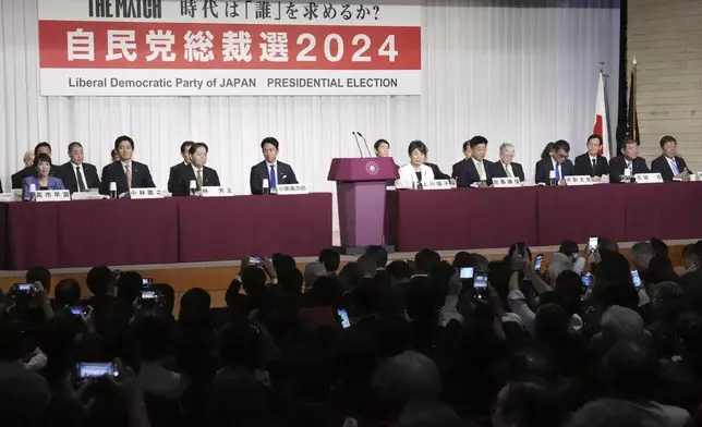 The candidates of the ruling Liberal Democratic Party for the party's upcoming presidential election attend the meeting of their speeches at the party's headquarters in Tokyo, Japan Thursday, Sept.12, 2024. Candidates are front row from from left, Economic Security Minister Sanae Takaichi, former Economic Security Minister Takayuki Kobayashi, Chief Cabinet Secretary Yoshimasa Hayashi, former Environment Minister Shinjiro Koizumi, Foreign Minister Yoko Kamikawa, former Chief Cabinet Secretary Katsunobu Kato, Digital Minister Taro Kono, former Defense Minister Shigeru Ishiba and Liberal Democratic Party’s Secretary General Toshimitsu Motegi at the party’s headquarters n Tokyo, Japan Thursday, Sept. 12, 2024. (Kyodo News via AP)