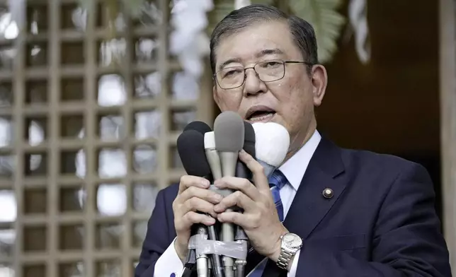 Japan's former Defense Minister Shigeru Ishiba announces his candidacy of the Liberal Democratic Party's presidential election, in Yazu town, Tottori prefecture, Japan, on Aug. 24, 2024. (Kyodo News via AP)