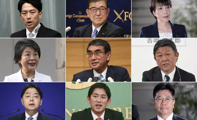 This photo combination shows the candidates of the ruling Liberal Democratic Party for the party's upcoming presidential election. Top row from left, former Environment Minister Shinjiro Koizumi, former Defense Minister Shigeru Ishiba, and Economic Security Minister Sanae Takaichi. Middle row from left, Foreign Minister Yoko Kamikawa, Digital Minister Taro Kono, and Liberal Democratic Party’s Secretary General Toshimitsu Motegi. Bottom row from left, Chief Cabinet Secretary Yoshimasa Hayashi, former Economic Security Minister Takayuki Kobayashi and former Chief Cabinet Secretary Katsunobu Kato. Japan will have a new leader after outgoing Prime Minister Fumio Kishida’s governing Liberal Democratic Party holds a vote on Sept. 27 to choose his replacement. (AP Photo)