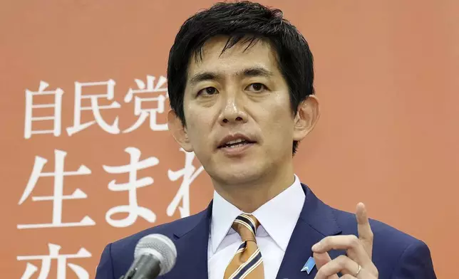 Japan's former Economic Security Minister Takayuki Kobayashi speaks during a press conference as he announces his candidacy of the Liberal Democratic Party's presidential election, at the parliament in Tokyo, on Aug. 19, 2024. (Kyodo News via AP)