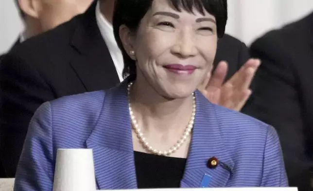 Economic Security Minister Sanae Takaichi, a candidate for the ruling Liberal Democratic Party's presidential election, attends a joint speech session with other candidates, at the party's headquarters in Tokyo, Japan Thursday, Sept. 12, 2024.(Kyodo News via AP)