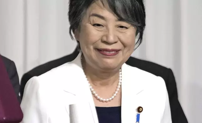 Foreign Minister Yoko Kamikawa, a candidate for the ruling Liberal Democratic Party's presidential election, attends a joint speech session with other candidates, at the party's headquarters in Tokyo, Japan Thursday, Sept. 12, 2024.(Kyodo News via AP)