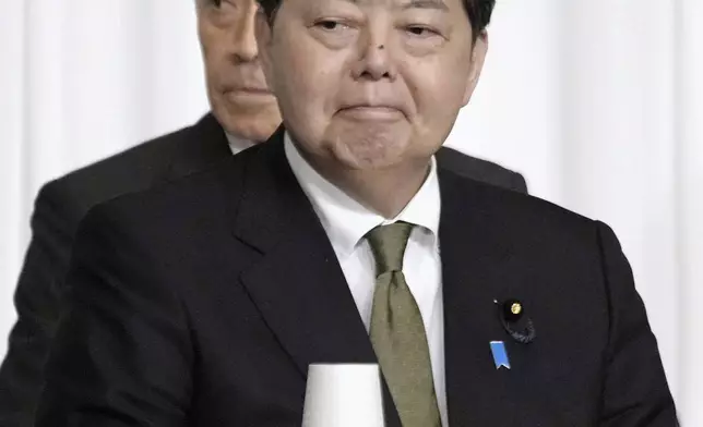 Japan's Chief Cabinet Secretary Yoshimasa Hayashi, a candidate for the ruling Liberal Democratic Party's presidential election, attends a joint speech session with other candidates, at the party's headquarters in Tokyo, Japan Thursday, Sept. 12, 2024.(Kyodo News via AP)