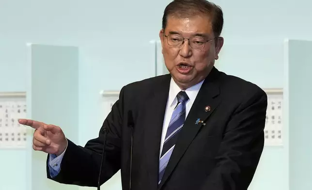 Shigeru Ishiba speaks before a runoff election at the Liberal Democratic Party's (LDP) leadership election Friday, Sept. 27, 2024, at the party headquarters in Tokyo. (AP Photo/Hiro Komae, Pool)