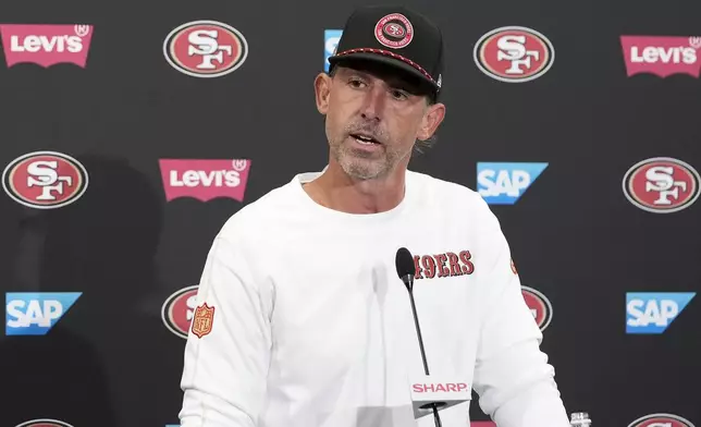 San Francisco 49ers head coach Kyle Shanahan speaks at a news conference after an NFL football game against the New York Jets in Santa Clara, Calif., Monday, Sept. 9, 2024. (AP Photo/Godofredo A. Vásquez)