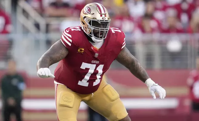 San Francisco 49ers offensive tackle Trent Williams looks to block during the second half of an NFL football game against the New York Jets in Santa Clara, Calif., Monday, Sept. 9, 2024. (AP Photo/Godofredo A. Vásquez)