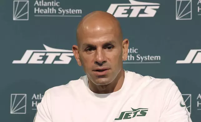 New York Jets head coach Robert Saleh speaks at a news conference after an NFL football game against the San Francisco 49ers in Santa Clara, Calif., Monday, Sept. 9, 2024. (AP Photo/Jed Jacobsohn)