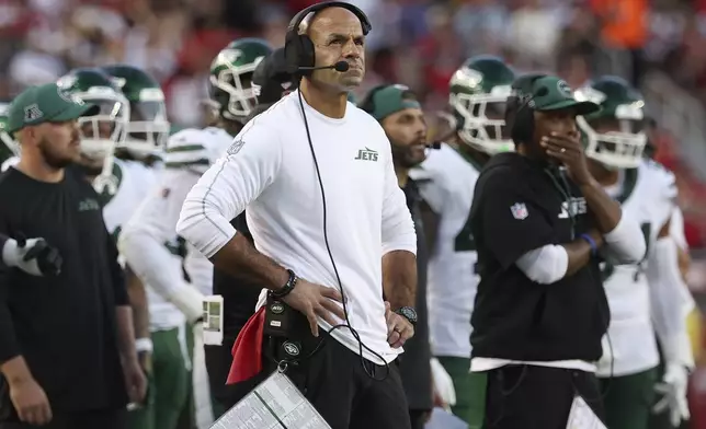 New York Jets head coach Robert Saleh, center, watches from the sideline during the second half of an NFL football game against the San Francisco 49ers in Santa Clara, Calif., Monday, Sept. 9, 2024. (AP Photo/Jed Jacobsohn)