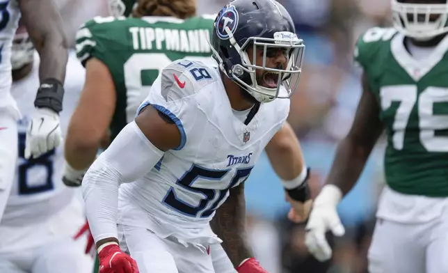 Tennessee Titans linebacker Harold Landry III (58) celebrates after sacking New York Jets quarterback Aaron Rodgers (8) in the first half of an NFL football game in Nashville, Tenn., on Sunday, Sept. 15, 2024. (AP Photo/George Walker IV)