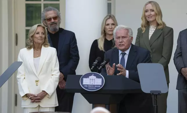 First lady Jill Biden, listens to actor Martin Sheen speaks at an event on the Rose Garden at the White House to mark the 25th anniversary of the television series, The West Wing, Friday, Sept. 20, 2024, in Washington. (AP Photo/Manuel Balce Ceneta)