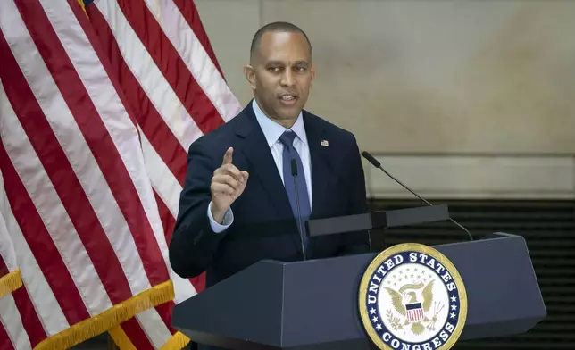 House Minority Leader Hakeem Jeffries, D-N.Y., speaks at the unveiling of a bronze statue of singer Johnny Cash, created by Little Rock sculptor Kevin Kresse, in Emancipation Hall at the Capitol in Washington, Tuesday, Sept. 24, 2024. (AP Photo/Ben Curtis)