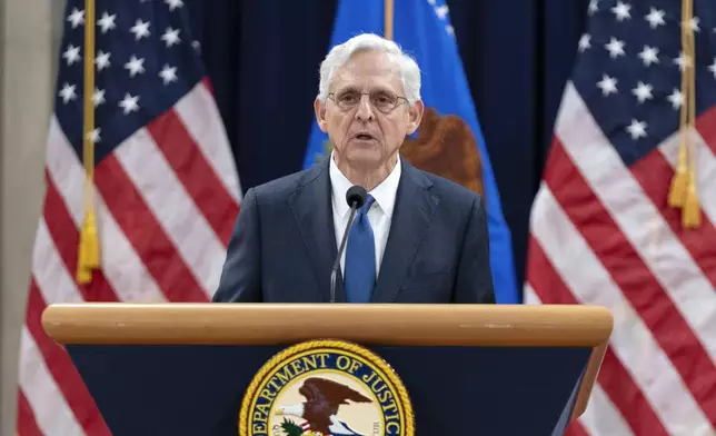 Attorney General Merrick Garland speaks to the U.S. Attorneys who have gathered for their annual conference at the Department of Justice headquarters in Washington, Thursday, Sept. 12, 2024. (AP Photo/Jose Luis Magana)