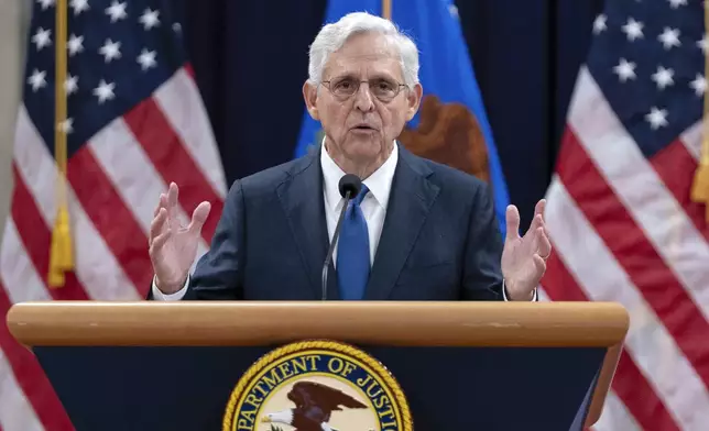 Attorney General Merrick Garland speaks to the U.S. Attorneys who have gathered for their annual conference at the Department of Justice headquarters in Washington, Thursday, Sept. 12, 2024. (AP Photo/Jose Luis Magana)