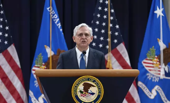 Attorney General Merrick Garland speaks to the U.S. Attorneys who have gathered for their annual conference at the Department of Justice headquarters in Washington, Thursday, Sept. 12, 2024. (AP Photo/Jose Luis Magana)