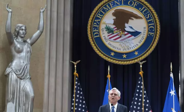 Attorney General Merrick Garland speaks to the U.S. Attorneys who have gathered for their annual conference at the Department of Justice headquarters in Washington, Thursday, Sept. 12, 2024. (AP Photo/Jose Luis Magana)