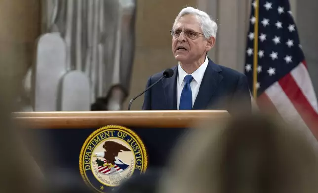 Attorney General Merrick Garland speaks to the U.S. Attorneys who have gathered for their annual conference at the Department of Justice headquarters in Washington, Thursday, Sept. 12, 2024. (AP Photo/Jose Luis Magana)