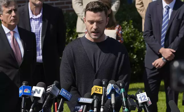 Justin Timberlake speaks to the press after a court hearing, Friday, Sept. 13, 2024, in Sag Harbor, N.Y. (AP Photo/Pamela Smith)