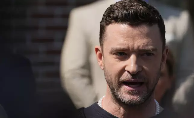 Justin Timberlake speaks to the press after a court hearing, Friday, Sept. 13, 2024, in Sag Harbor, N.Y. (AP Photo/Pamela Smith)