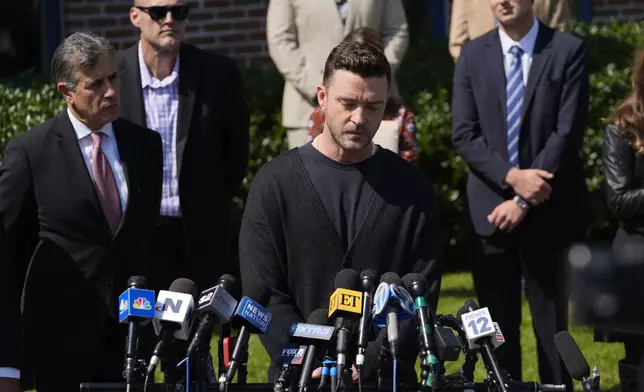 Justin Timberlake speaks to the press after a court hearing, Friday, Sept. 13, 2024, in Sag Harbor, N.Y. (AP Photo/Pamela Smith)