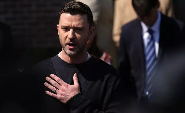 Justin Timberlake speaks to the press after a court hearing, Friday, Sept. 13, 2024, in Sag Harbor, N.Y. (AP Photo/Pamela Smith)