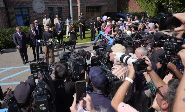 Justin Timberlake speaks to the press after a court hearing, Friday, Sept. 13, 2024, in Sag Harbor, N.Y. (AP Photo/Pamela Smith)