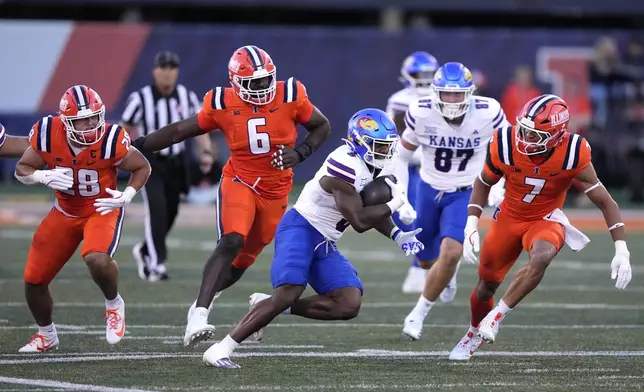 Kansas running back Daniel Hishaw Jr. is chased by several Illinois defends during the first half of an NCAA college football game Saturday, Sept. 7, 2024, in Champaign, Ill. (AP Photo/Charles Rex Arbogast)