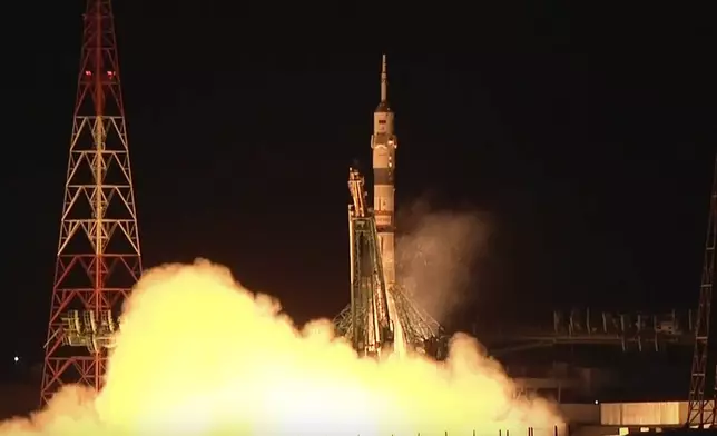 In this photo taken from video released by Roscosmos space corporation, the Soyuz-2.1 rocket booster with Soyuz MS-26 space ship carrying Roscosmos cosmonauts Alexey Ovchinin, Ivan Vagner and NASA astronaut Don Pettit, a new crew to the International Space Station, ISS, blasts off in the Russian leased Baikonur cosmodrome, Kazakhstan, Wednesday, Sept. 11, 2024. (Roscosmos space corporation, via AP)